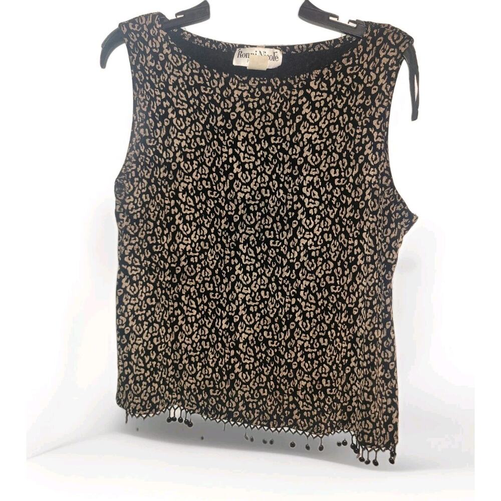 RONNI NICOLE Petite By Ouida Leopard Print Stretch Blouse Beaded Fringe Blouse
